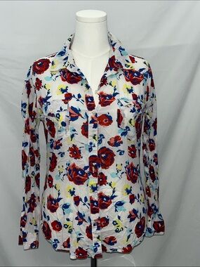 Old Navy White Button-Down Shirt with Red Floral Print